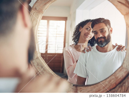 Smile, reflection and morning with couple, mirror and wake up for support, love and care. Happy, man and woman for commitment, bonding together and home for intimacy marriage and healthy relationship 138604784