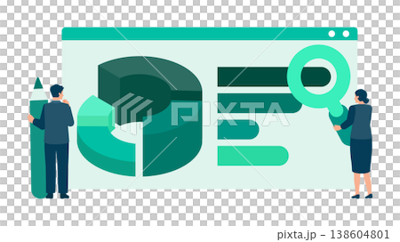 An illustration of a man and woman performing budget management and marketing analysis, using a magnifying glass to examine and optimize data in a business setting. An illustration of a man and woman performing budget management and marketing analysis, using a magnifying glass to examine and optimize data in a business setting. 138604801