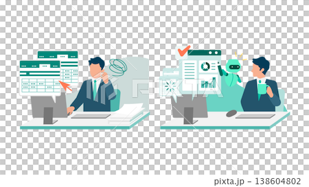 一張插圖展示了預算管理的前後對比：一個人從類比管理過渡到在儀表板上進行自動計算和預測。 138604802