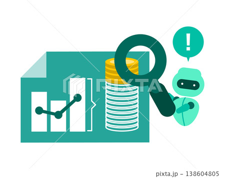AIが予算オーバーを自動検知するイラスト 虫眼鏡での詳細確認と自動レポート生成のビジネス概念 138604805