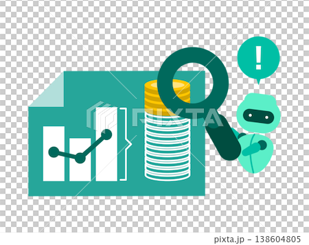 AIが予算オーバーを自動検知するイラスト 虫眼鏡での詳細確認と自動レポート生成のビジネス概念 138604805
