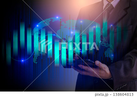 Stock market or forex trading graph and candlestick chart suitable for financial investment concept. Economy trends background for business idea and all art work design. Abstract finance background. Stock market or forex trading graph and candlestick chart suitable for financial investment concept. Economy trends background for business idea and all art work design. Abstract finance background. 138604813
