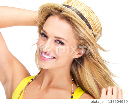 Fashion, excited and portrait of woman in studio in trendy clothes, summer hat and style. Beauty, happy and isolated stylish person smile with confidence, pride and accessories on white background 138604929