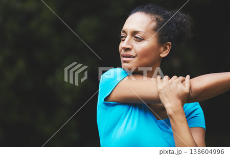 Woman stretching, park and fitness outdoor with arm muscle, strong and start exercise. Athlete, sports and flexible in nature, training and ready for workout, prepare with warm up and mockup space Woman stretching, park and fitness outdoor with arm muscle, strong and start exercise. Athlete, sports and flexible in nature, training and ready for workout, prepare with warm up and mockup space 138604996