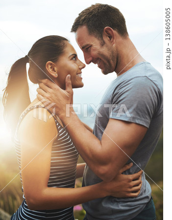Romance, love or happy couple in nature outdoor date with loyalty for commitment, care or respect. Eye contact, trust or man with woman hug on holiday vacation for bond, support or wellness and flare Romance, love or happy couple in nature outdoor date with loyalty for commitment, care or respect. Eye contact, trust or man with woman hug on holiday vacation for bond, support or wellness and flare 138605005