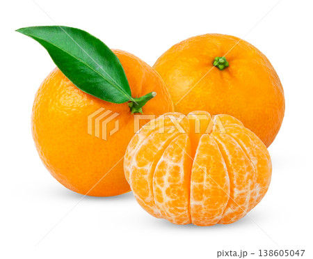 Mandarin citrus fruit with green leaf and peeled slices isolated. Two ripe tangerines and whole peeled with clipping path. 138605047