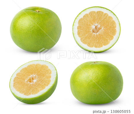 Set of pomelo, pomelit, oroblanco or sweetie grapefruit fruits isolated on white background. Sweetie grapefruit and half of oroblanco, pomelo, pomelit isolated. Set of pomelo, pomelit, oroblanco or sweetie grapefruit fruits isolated on white background. Sweetie grapefruit and half of oroblanco, pomelo, pomelit isolated. 138605055