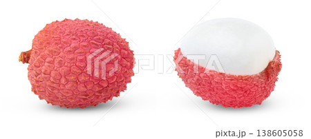Whole red lychee and peeled half of lychee isolated set. Lychees collection. 138605058