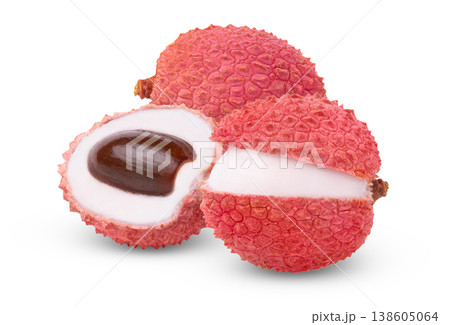 Juicy lychees with cut in half with seed and opened one isolated on white background. Opened or peeled lychee and half of lychee. Juicy lychees with cut in half with seed and opened one isolated on white background. Opened or peeled lychee and half of lychee. 138605064