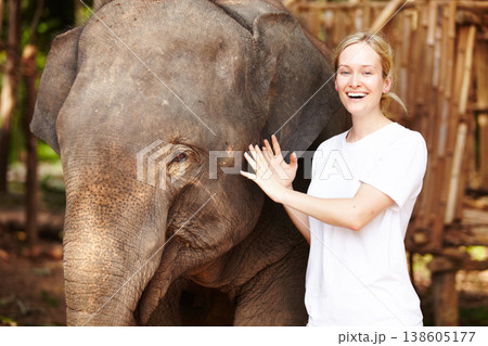 Travel, freedom and portrait of woman with elephant in a forest for vacation, trip or holiday. Nature, bucket list and face of female traveler with animal in a park for adventure on Thailand journey 138605177