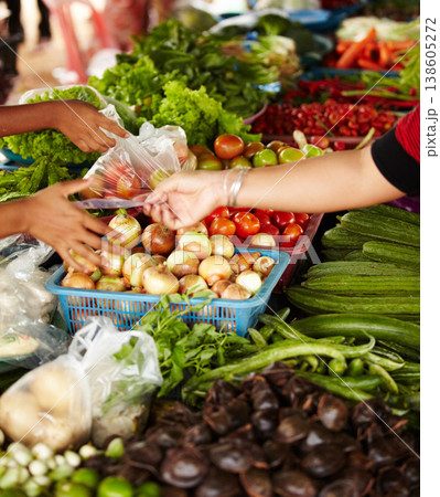 Vegetables, market and hands for shopping, trading goods and customer at local food store or outdoor vendor. Seller, supplier or small business people with healthy product, stock and sale for grocery Vegetables, market and hands for shopping, trading goods and customer at local food store or outdoor vendor. Seller, supplier or small business people with healthy product, stock and sale for grocery 138605272