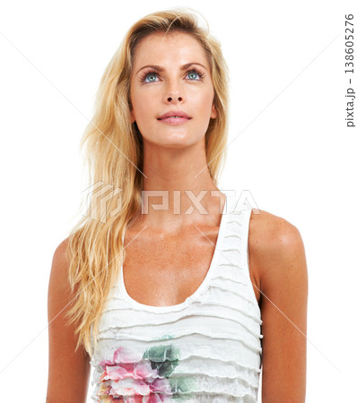 Woman, look up and thinking for hope faith or belief on white studio background, wonder or pride. Female model person, confidence and trust or optimism for positive wisdom, relax thoughts as mockup Woman, look up and thinking for hope faith or belief on white studio background, wonder or pride. Female model person, confidence and trust or optimism for positive wisdom, relax thoughts as mockup 138605276