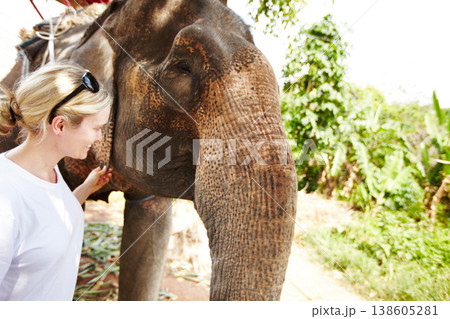 Travel, conservation and woman with elephant in a jungle for adventure, freedom and experience. Nature, wildlife and female tourist in Thailand bonding with animal in forest with environment and fun Travel, conservation and woman with elephant in a jungle for adventure, freedom and experience. Nature, wildlife and female tourist in Thailand bonding with animal in forest with environment and fun 138605281
