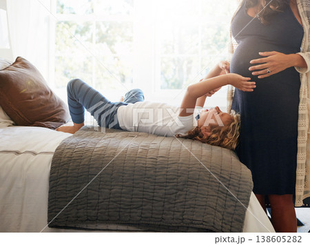 Happy family bedroom, pregnant woman and child touch stomach, abdomen or tummy for moving baby. Home, apartment and youth kid check life growth, pregnancy or belly of mother, mom or mama on bed Happy family bedroom, pregnant woman and child touch stomach, abdomen or tummy for moving baby. Home, apartment and youth kid check life growth, pregnancy or belly of mother, mom or mama on bed 138605282