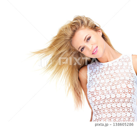 Happy woman, portrait and blonde in fashion, hair or style isolated against a white studio background. Attractive female person or model smile with makeup, hairstyle or beauty cosmetics on mockup 138605286
