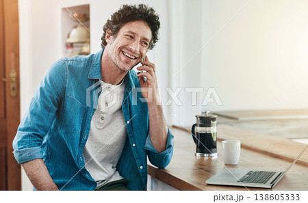 Smile, thinking and man on a phone call about remote work, communication or planning online. Happy, house and a mature businessman or entrepreneur speaking on a mobile for conversation in the morning Smile, thinking and man on a phone call about remote work, communication or planning online. Happy, house and a mature businessman or entrepreneur speaking on a mobile for conversation in the morning 138605333