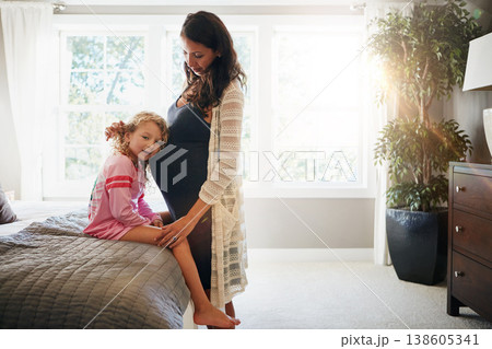 Bed, pregnant woman and kid listen to stomach, abdomen or girl hearing heartbeat, moving baby or family development. Mom, home bedroom and young child curious over pregnancy, maternity or life growth Bed, pregnant woman and kid listen to stomach, abdomen or girl hearing heartbeat, moving baby or family development. Mom, home bedroom and young child curious over pregnancy, maternity or life growth 138605341