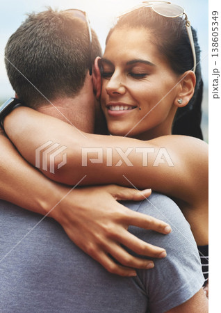 Support, love or couple hug on outdoor date for romance or care in summer with freedom to relax. Embrace, peace or romantic man or happy woman on holiday vacation together to bond or travel in USA 138605349