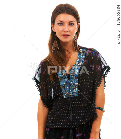 Woman, face and aesthetic portrait with fashion earrings in trendy, bohemian accessories and white background. USA, model and happy in designer for edgy style, brunette and confident in studio mockup Woman, face and aesthetic portrait with fashion earrings in trendy, bohemian accessories and white background. USA, model and happy in designer for edgy style, brunette and confident in studio mockup 138605384