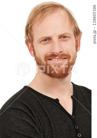Man, happy portrait and face with smile isolated against a studio white background. Closeup of male person, ginger or model looking in confidence, happiness or ambition in casual fashion from London 138605386