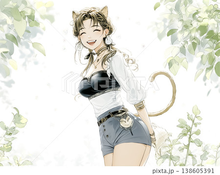 木漏れ日の中で微笑むネコの妖精|爽やかな幻想ファンタジーイラスト 木漏れ日の中で微笑むネコの妖精|爽やかな幻想ファンタジーイラスト 138605391