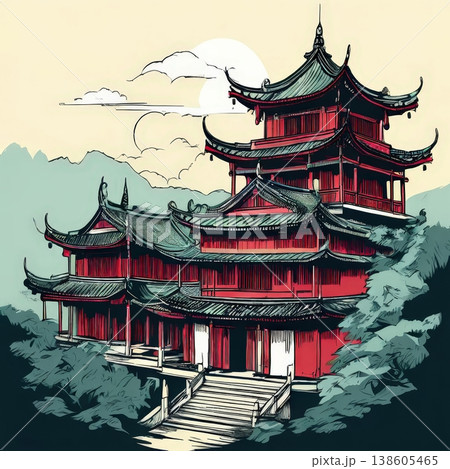 an AI Image Generator, Traditional Japanese Pagoda With Urban Skyline 138605465