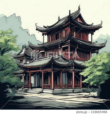 an AI Image Generator, Traditional Japanese Pagoda With Urban Skyline 138605466