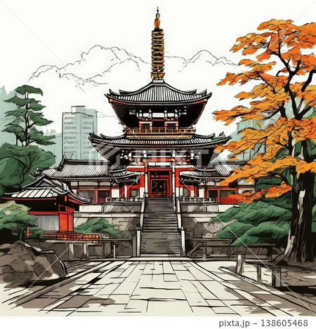 an AI Image Generator, Traditional Japanese Pagoda With Urban Skyline 138605468
