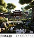 an AI Image Generator, Traditional Japanese Pagoda Near a Garden Pond 138605472