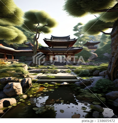 an AI Image Generator, Traditional Japanese Pagoda Near a Garden Pond 138605472