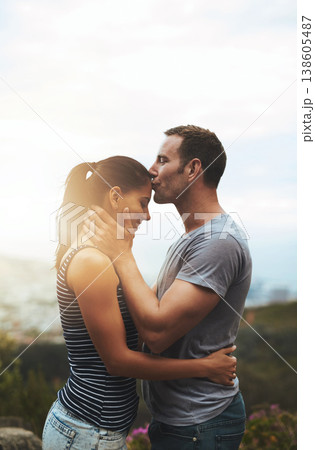 Forehead, love or happy couple kiss in nature outdoor date with loyalty for romance, care or respect. Mockup space, trust or man with woman together on holiday vacation for bond, support or wellness Forehead, love or happy couple kiss in nature outdoor date with loyalty for romance, care or respect. Mockup space, trust or man with woman together on holiday vacation for bond, support or wellness 138605487