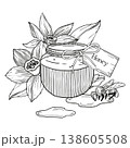 Hand-drawn graphic detailed illustration, ready to use composition with bee and jar of fresh honey and flowers for packaging 138605508