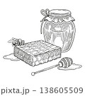 Hand-drawn graphic detailed illustration, ready to use composition with honeycombs, honey dipper, bee and jar of fresh honey 138605509