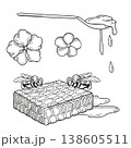 Hand-drawn graphic detailed illustrations, composition with honeycombs and bees, flowers and spoon with fresh honey for packaging 138605511