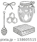 Hand-drawn graphic honey illustrations, honey dipper, honeycombs and jar of honey isolated on white background, for ingredients 138605515