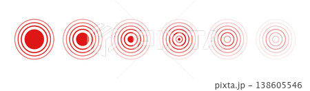 Pain concentric circle icon set. Inflammation pulse signal. Ache mark. Hurt relief. Red ripple circles. Health graphic wave sign. Body disease target. Headache, muscular pill. Vector illustration Pain concentric circle icon set. Inflammation pulse signal. Ache mark. Hurt relief. Red ripple circles. Health graphic wave sign. Body disease target. Headache, muscular pill. Vector illustration 138605546