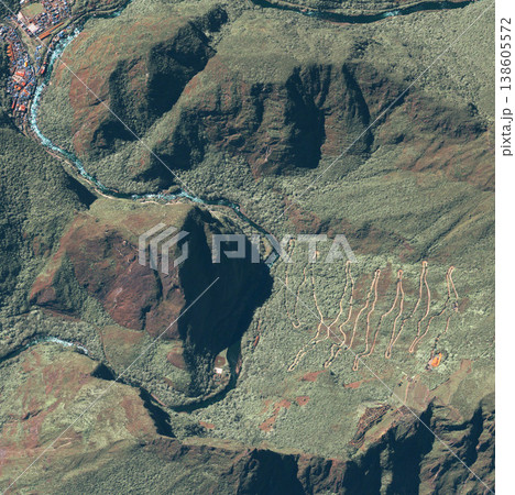 Location, aerial landscape and Earth with satellite image, mountain and valley, city or village. Nature, background and view from above with map and topography, country and geography with aerospace Location, aerial landscape and Earth with satellite image, mountain and valley, city or village. Nature, background and view from above with map and topography, country and geography with aerospace 138605572