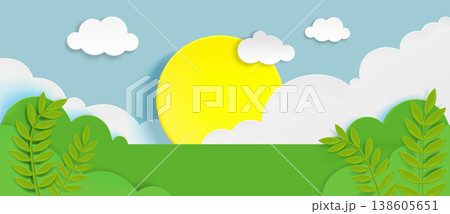 Spring paper cut landscape with grass meadow Spring paper cut landscape with grass meadow 138605651