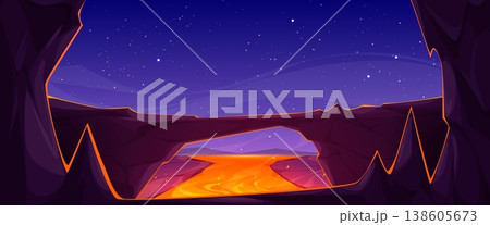 Fiery hell cave landscape with flowing lava river Fiery hell cave landscape with flowing lava river 138605673