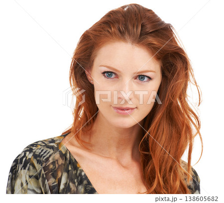 Face, fashion and beauty with a ginger woman in studio isolated on a white background for style. Makeup, skincare or clothes and a confident young model with red hair in a trendy outfit for glamour 138605682
