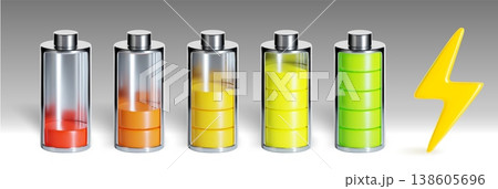 3D battery charge icons from empty to full levels 3D battery charge icons from empty to full levels 138605696