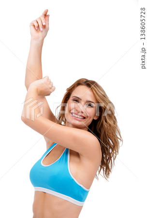 Fitness, portrait and happy woman stretching arms in studio for wellness, training or workout on white background. Exercise, face and female athlete with body stretch for gym, sports and flexibility Fitness, portrait and happy woman stretching arms in studio for wellness, training or workout on white background. Exercise, face and female athlete with body stretch for gym, sports and flexibility 138605728