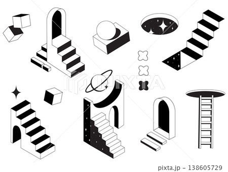 Surreal 3D doors with impossible geometric stairs 138605729