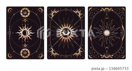 Black tarot cards set with celestial moon and sun Black tarot cards set with celestial moon and sun 138605733