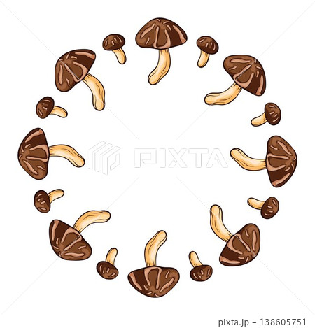 Circular wreath with shiitake mushroom in cartoon style. Decorative forest food composition isolated on white background for menu design, organic packaging and kitchen wallpaper. 138605751