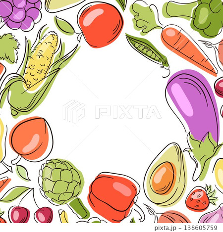 Frame with flat style fruits and vegetable, corn, eggplant, peach, avocado. Illustration background for healthy food menu, organic packaging and grocery design. 138605759