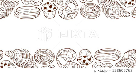 Frame with bakery pastry croissant, pretzel, muffin and sweet roll in line art style. Illustration background for cafe menu, package and wallpaper. Frame with bakery pastry croissant, pretzel, muffin and sweet roll in line art style. Illustration background for cafe menu, package and wallpaper. 138605762