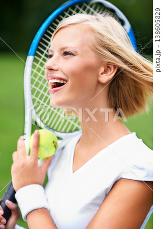 Smile, thinking or happy woman with a ball in tennis training match, fitness exercise or game outdoors. Racket, healthy person or excited girl athlete on court ready for sports, wellness or workout Smile, thinking or happy woman with a ball in tennis training match, fitness exercise or game outdoors. Racket, healthy person or excited girl athlete on court ready for sports, wellness or workout 138605829