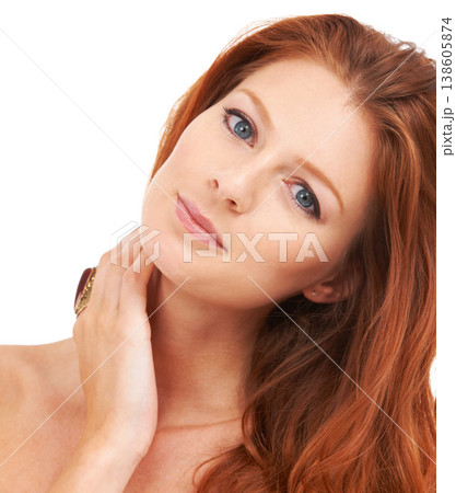 Portrait, beauty and skincare with a ginger woman in studio isolated on a white background for makeup. Face, aesthetic and cosmetics with a confident young redhead model at the salon or hairdresser 138605874