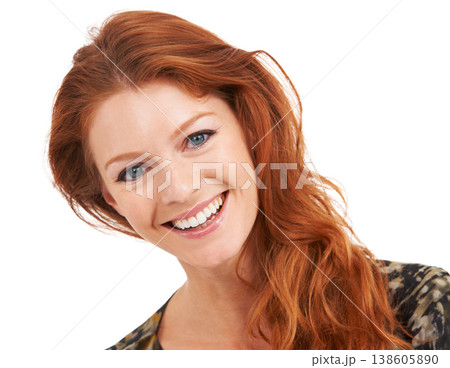 Portrait, smile and dental with a ginger woman in studio isolated on a white background for cosmetics. Face, beauty or makeup and a confident young model with red hair at the dentist for oral hygiene 138605890